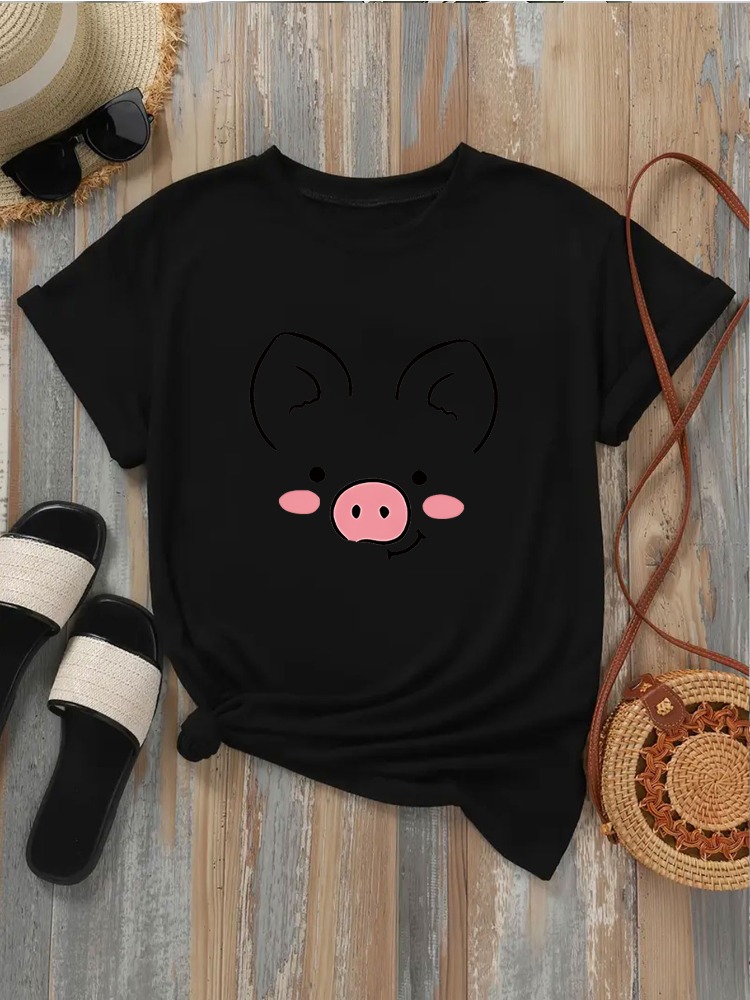 Summer Clothing Images - Dames T-shirt met schattig varkensgezicht en